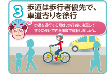 歩道は歩行者優先で、車道寄りを徐行　歩道を通行する際は、歩行者に注意してすぐに停止できる速度で運転しましょう。